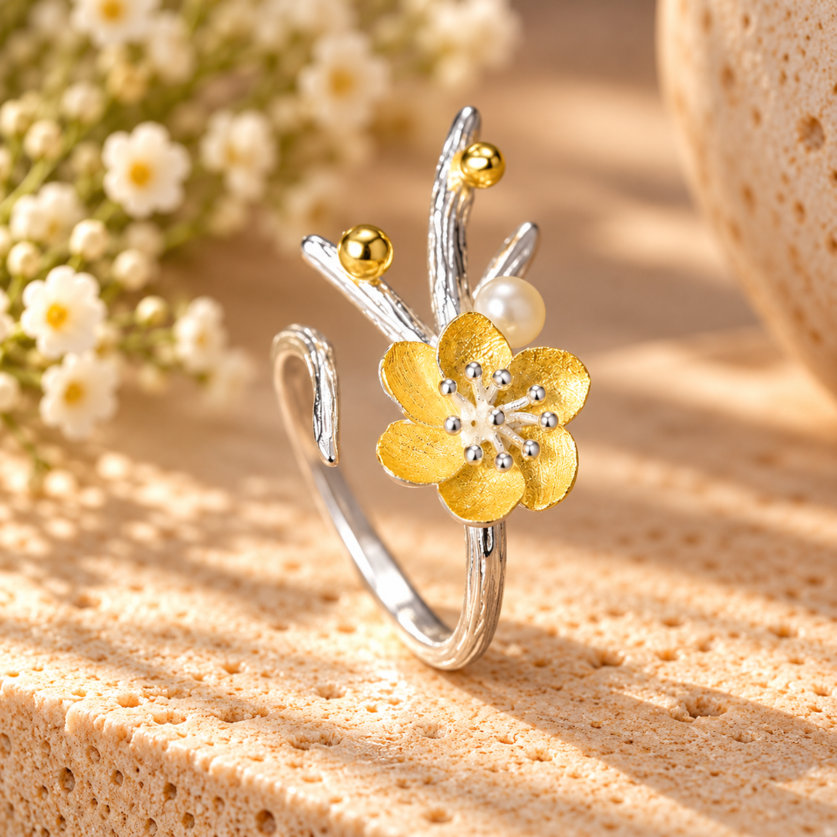 Flower Ring with Pearl