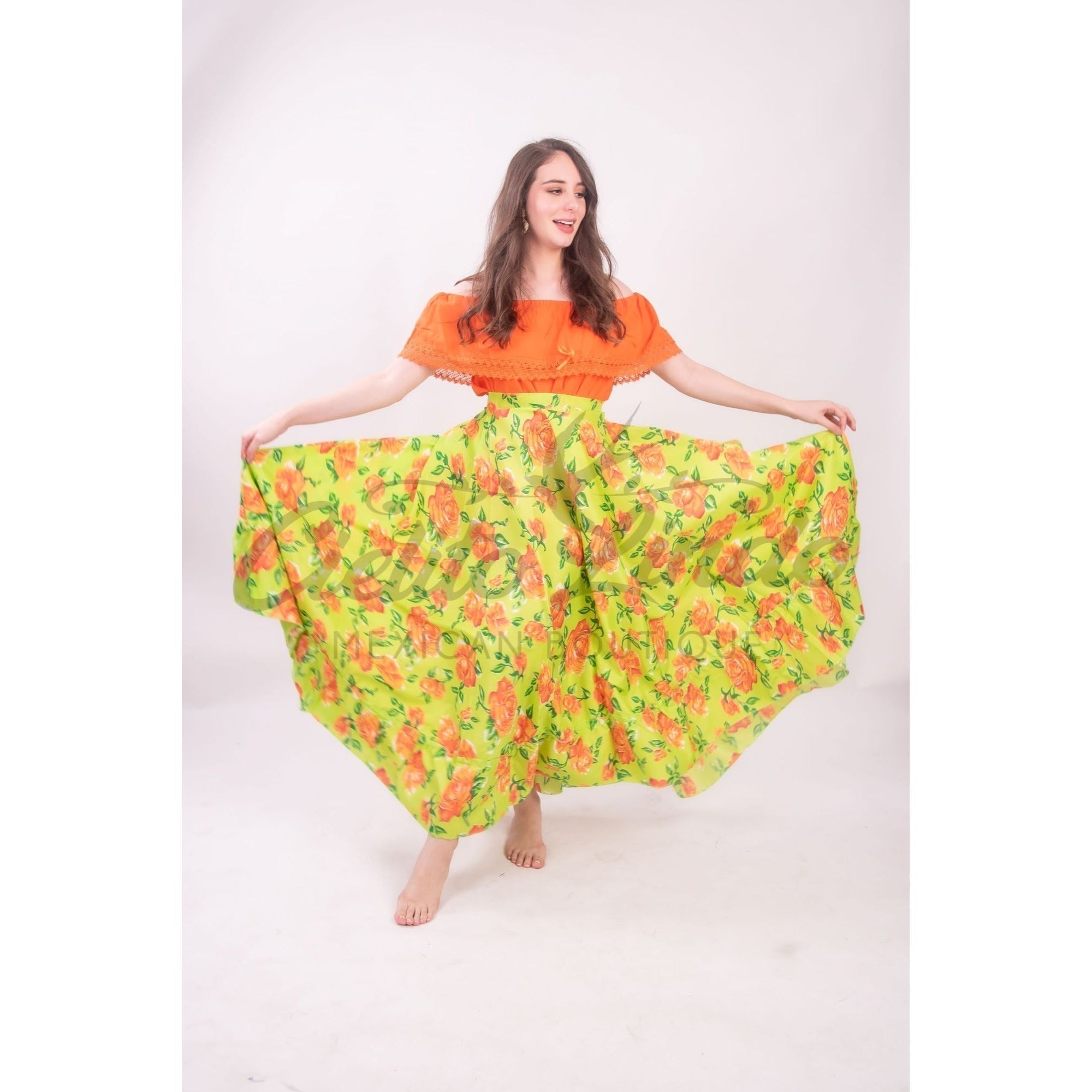 Mexican Folklorico Lime Green Floral Skirt