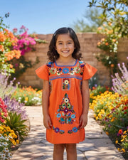 Mexican Puebla Dress for Girls Orange