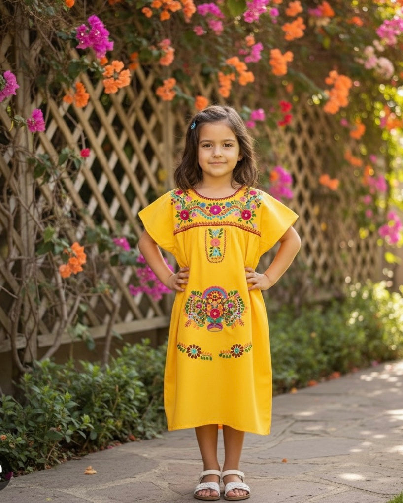 Mexican Puebla Dress for Girls Yellow