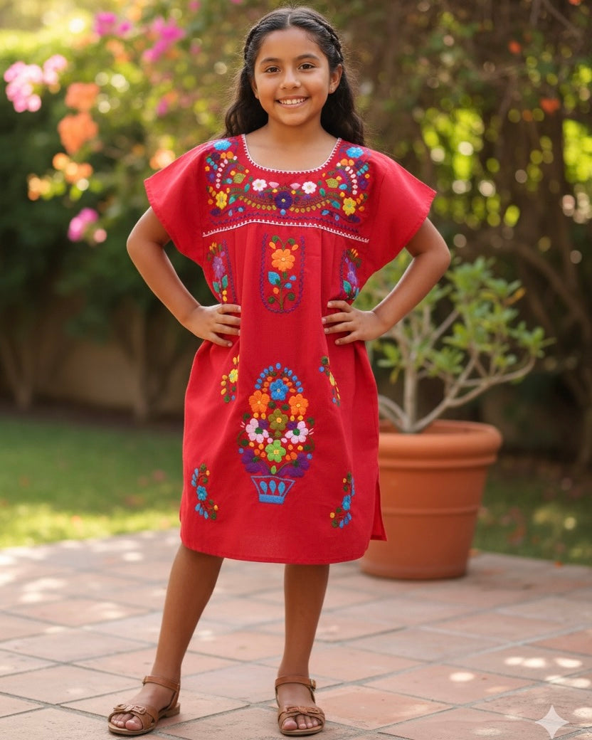 Mexican Puebla Dress for Girls Red