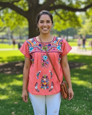 Mexican Tehuacan Full Embroidered Blouse Coral