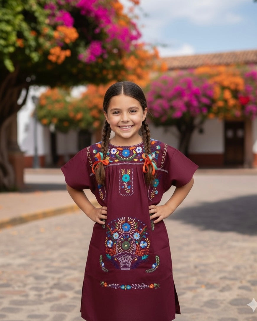 Mexican Puebla Dress for Girls Burgundy