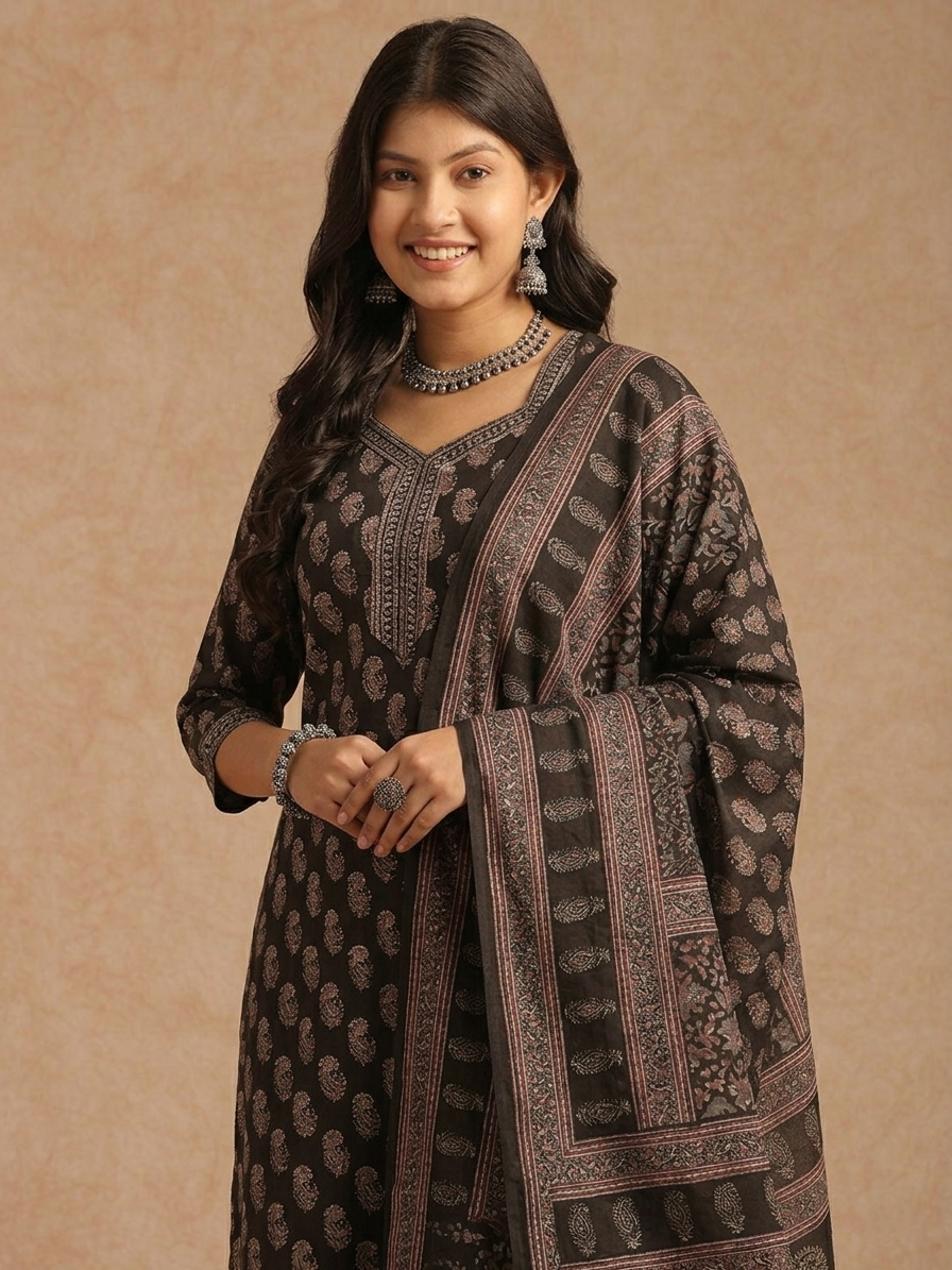 Elegant Black & Beige Printed Kurta Set with Dupatta