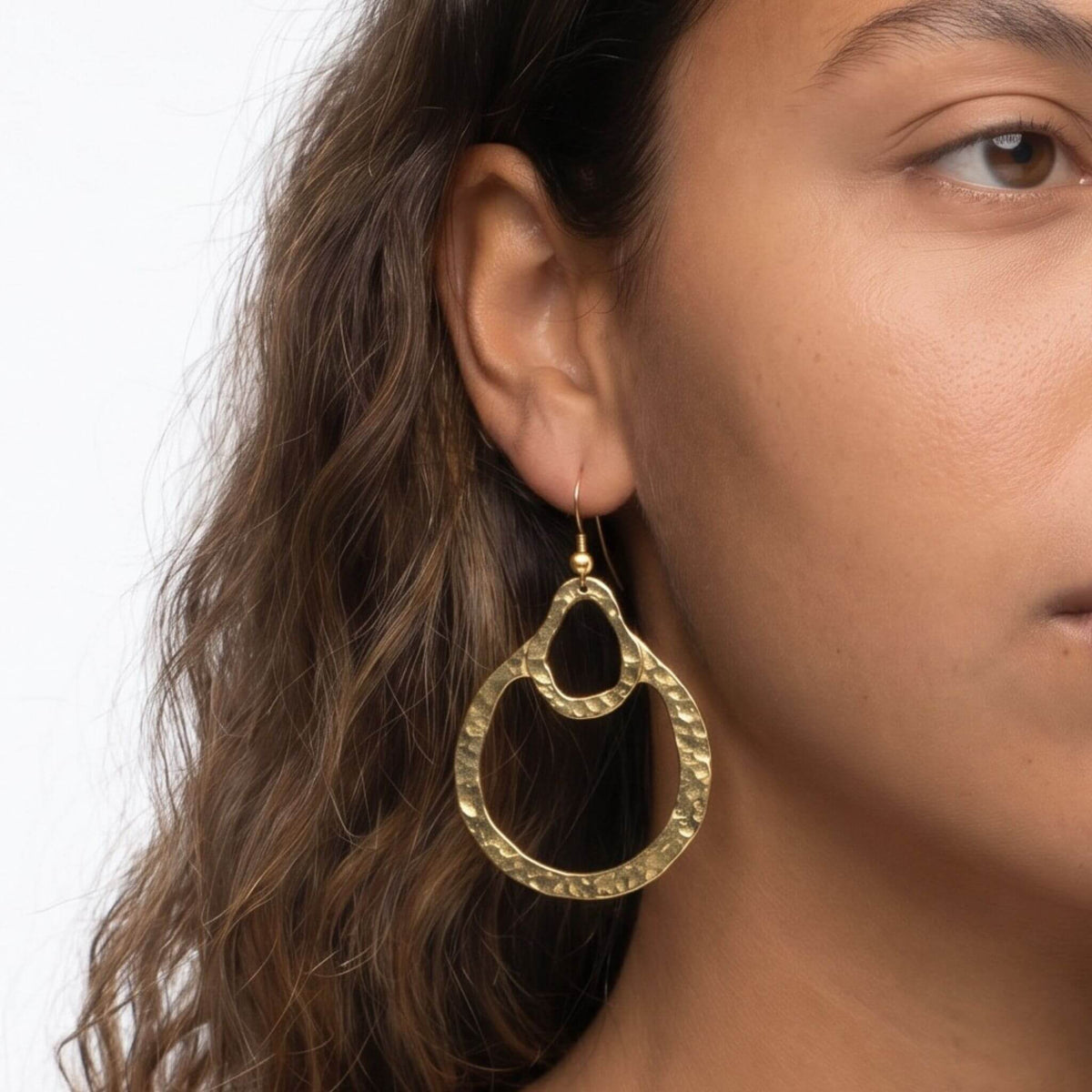 Hammered Double Teardrop Brass Earrings for Women - Kobe