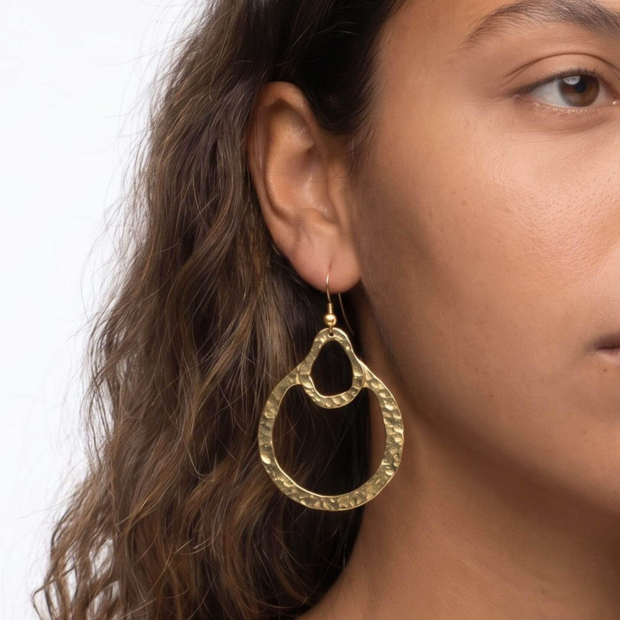 Hammered Double Teardrop Brass Earrings for Women - Kobe