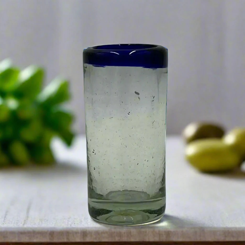 Hand Blown Mexican Shot Glass | Blue Rim Double Shot Glass Set