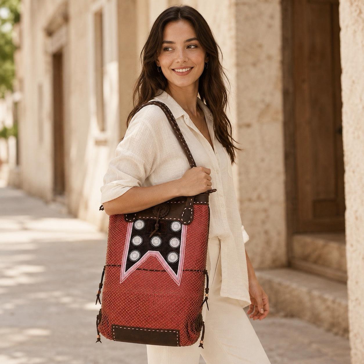 Hemp Net Leather Shoulder Bag - Thailand