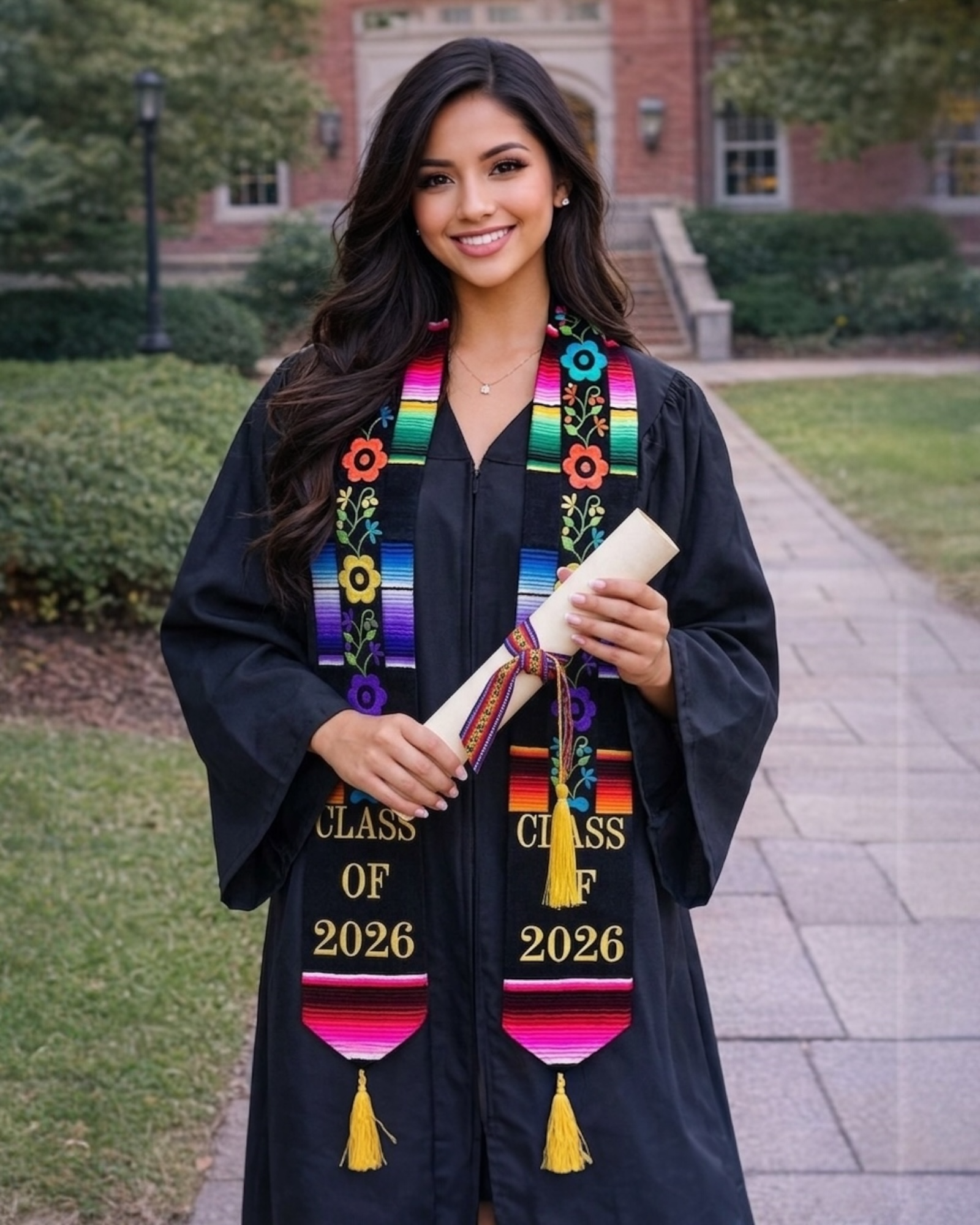 Mexican Floral Embroidered Graduation Stole Class of 2026 Black