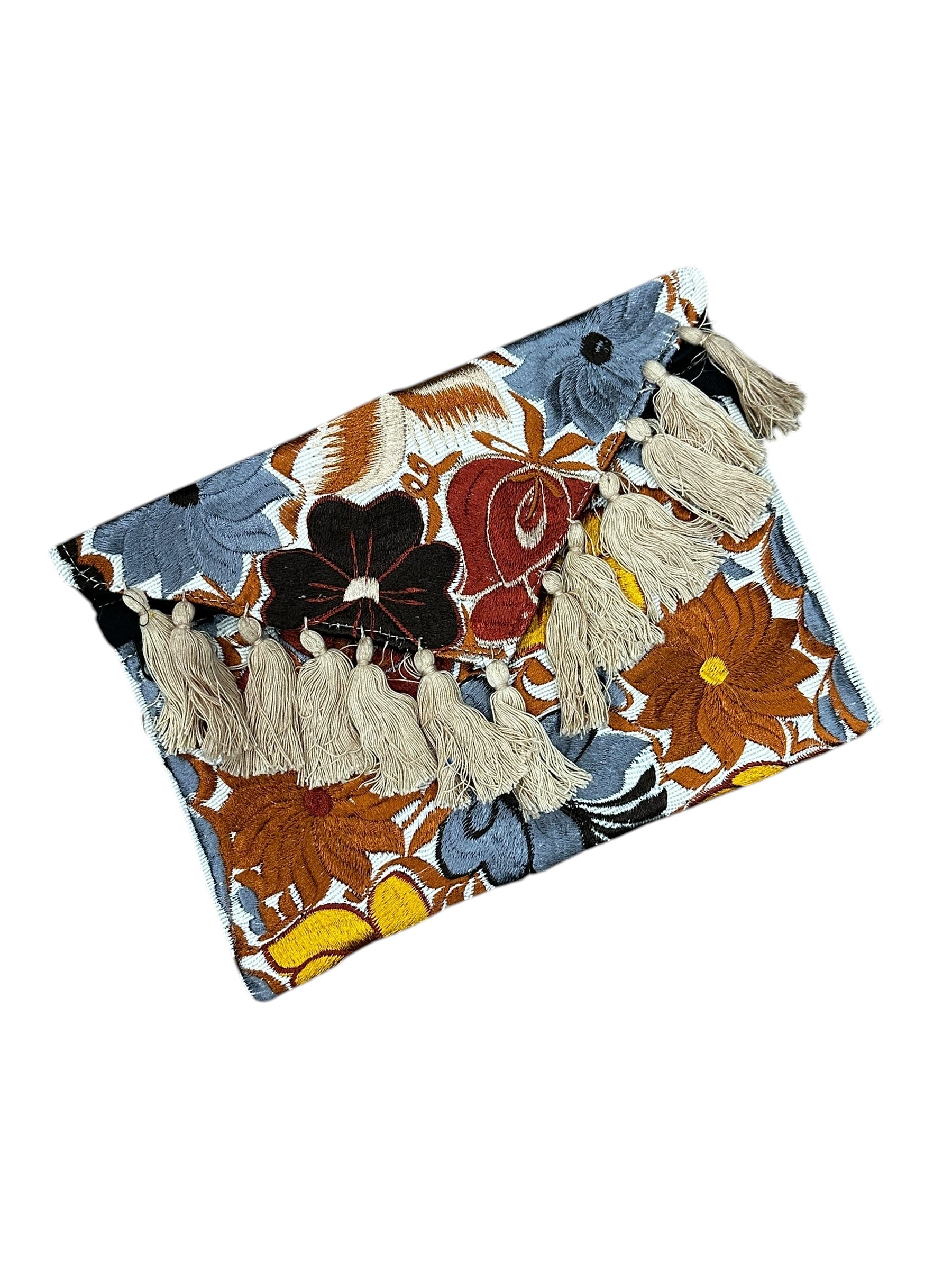 Mexican Embroidered Floral Clutch Bag Silver