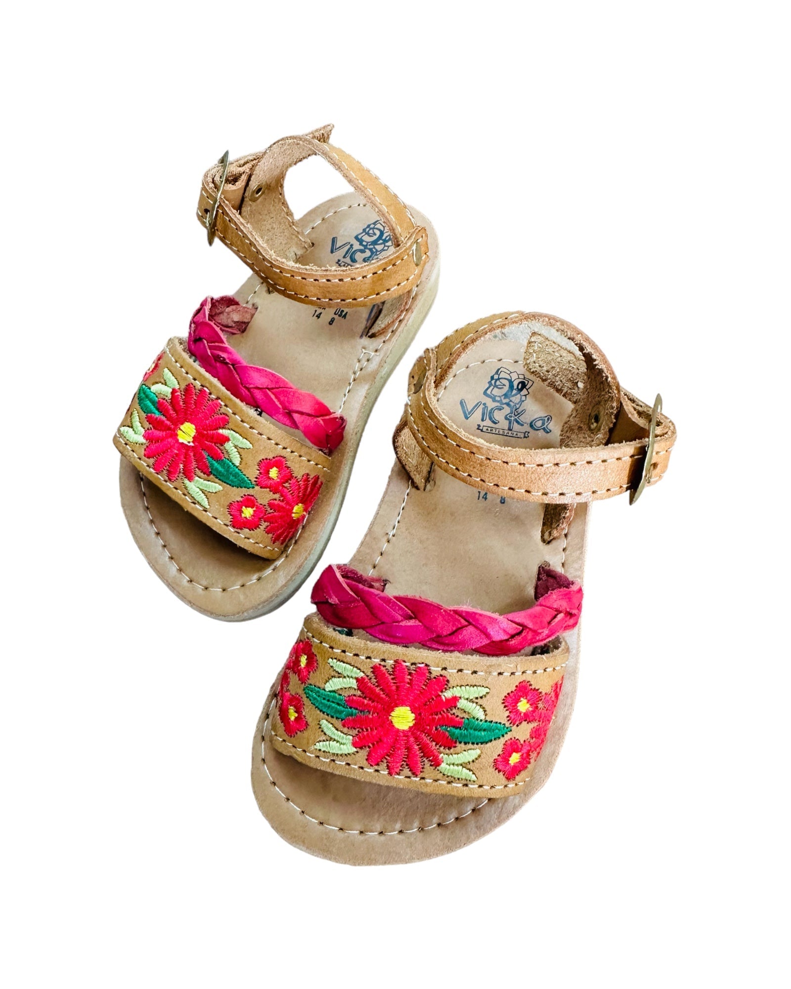 Mexican Girl Pink Flower Leather Sandals