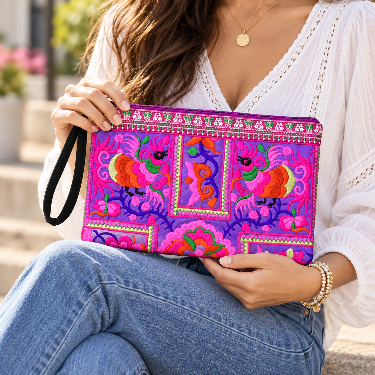 Sarita Hmong Embroidered Wristlet - Thailand