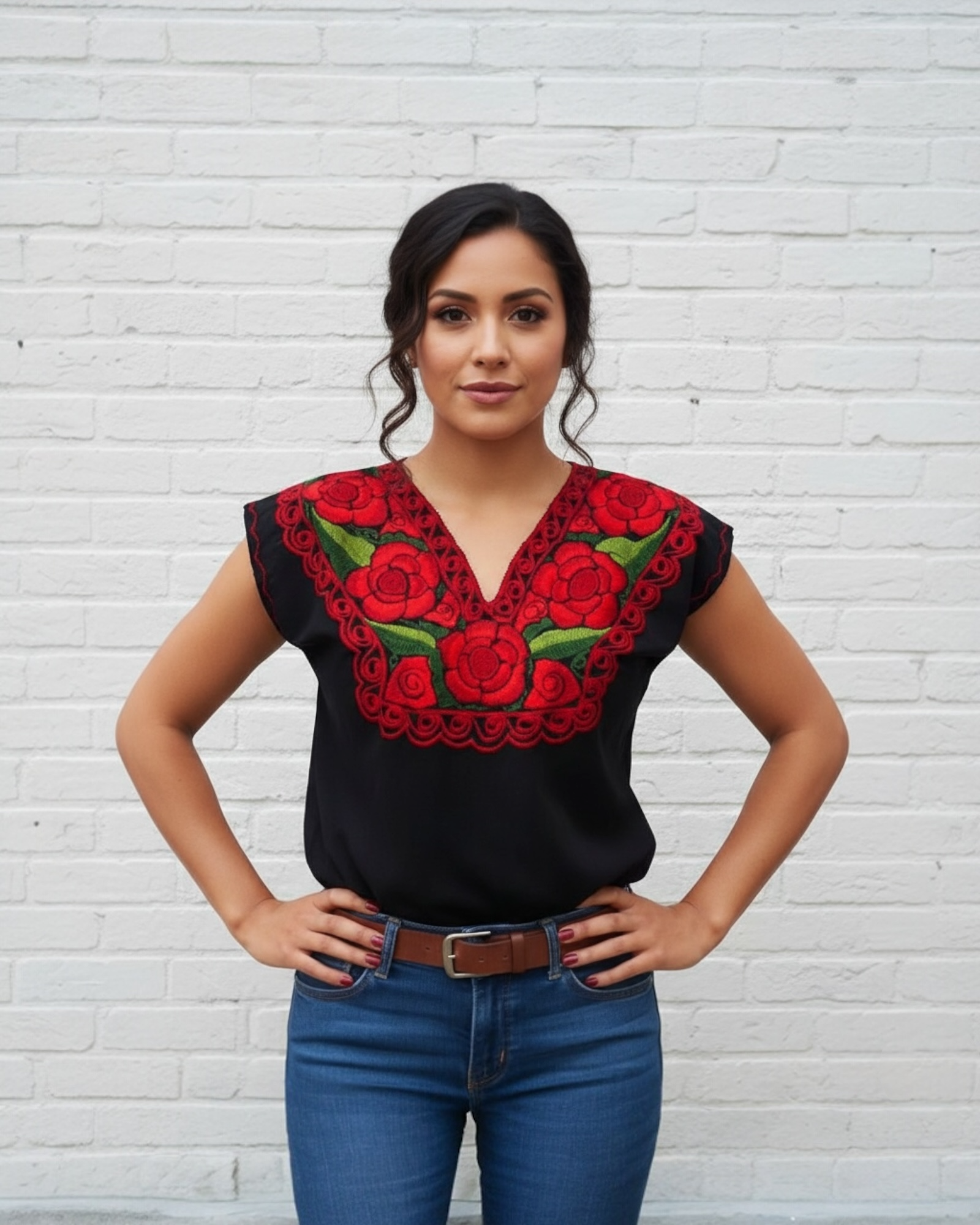 Zina Black Top with Red Embroidery
