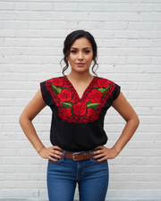 Zina Black Top with Red Embroidery
