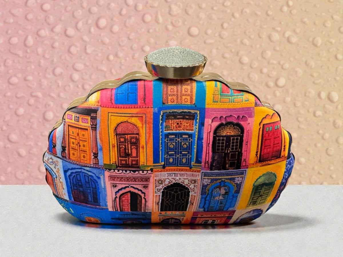 Designer Clutch with Portrait of Traditional Indian Architectural Windows & Doorways