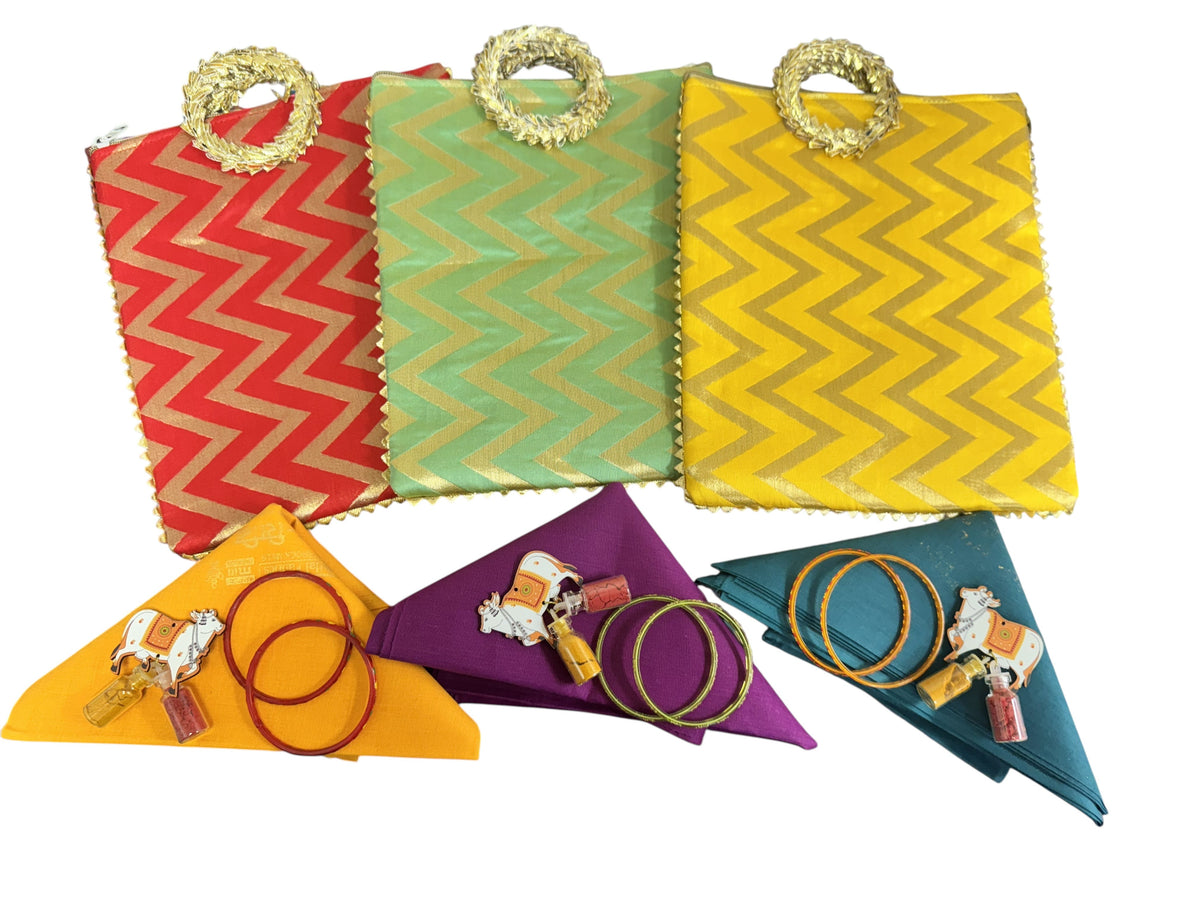 Traditional Ready to Give Combo for Half Saree, Haldi Kumkum ceremony includes Blouse Piece, Bangles, Haldi kumkum packets in Chevron Bag