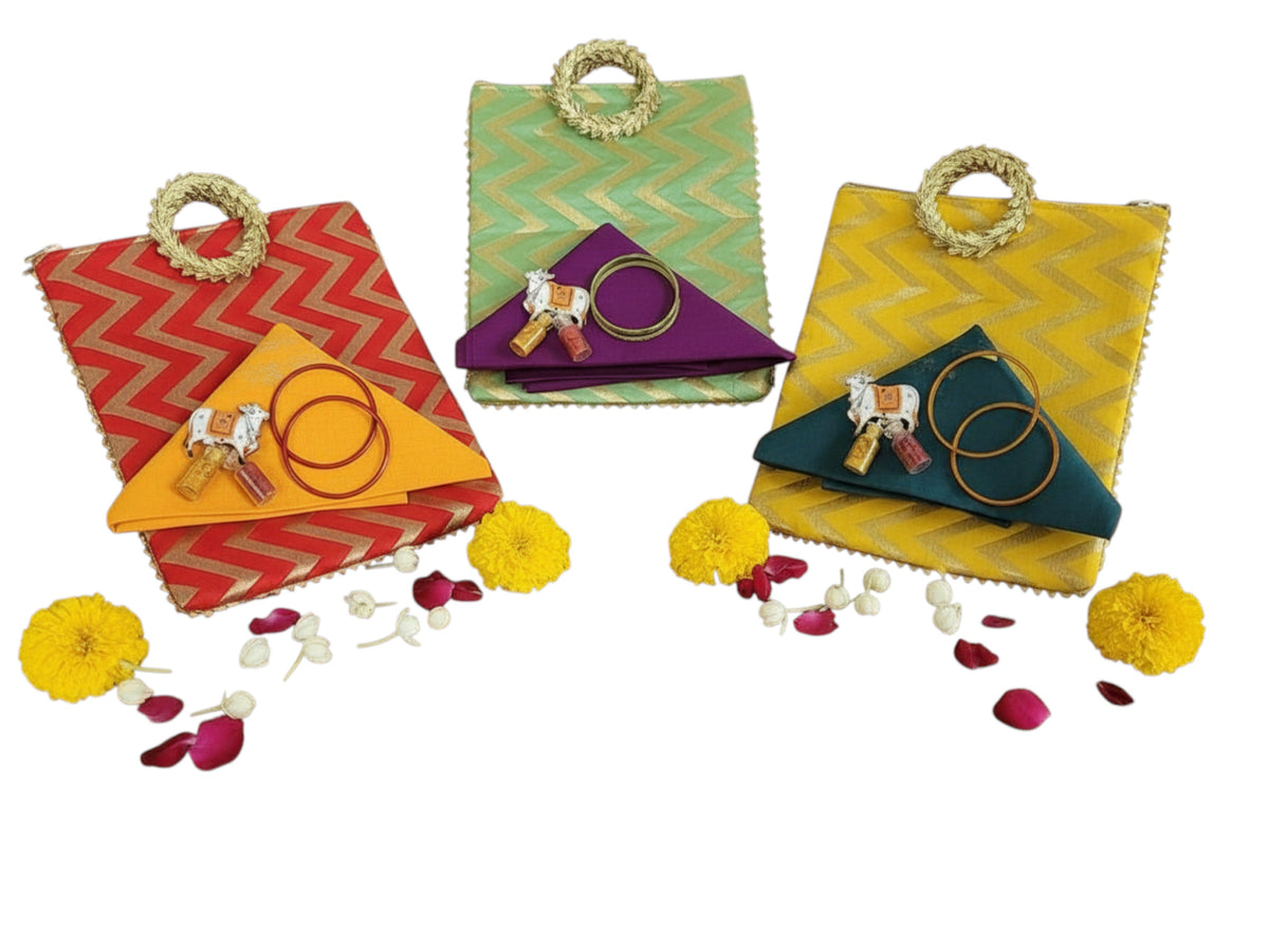 Traditional Ready to Give Combo for Half Saree, Haldi Kumkum ceremony includes Blouse Piece, Bangles, Haldi kumkum packets in Chevron Bag