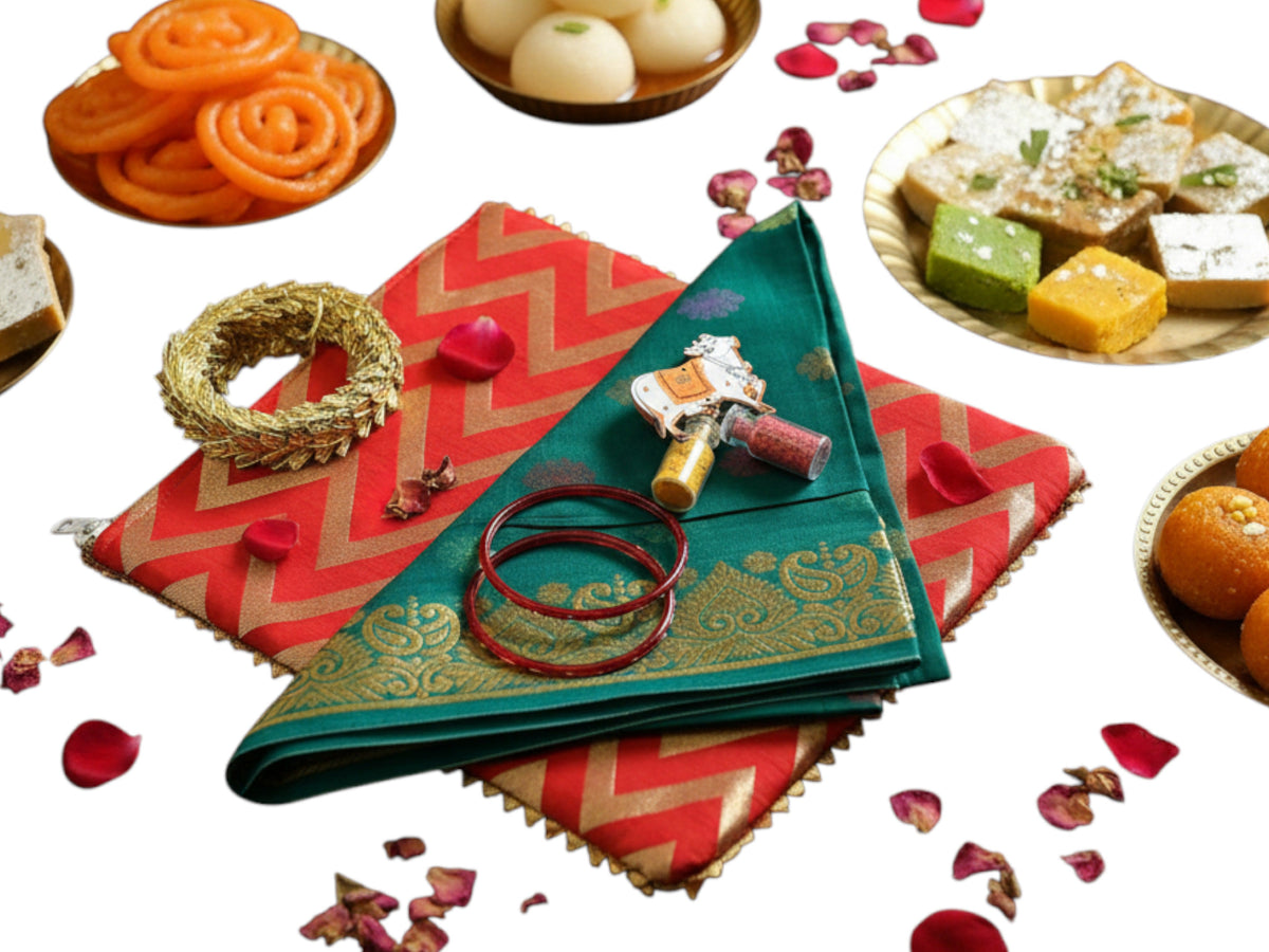 Traditional Ready to Give Combo for Half Saree, Haldi Kumkum ceremony includes Blouse Piece, Bangles, Haldi kumkum packets in Chevron Bag