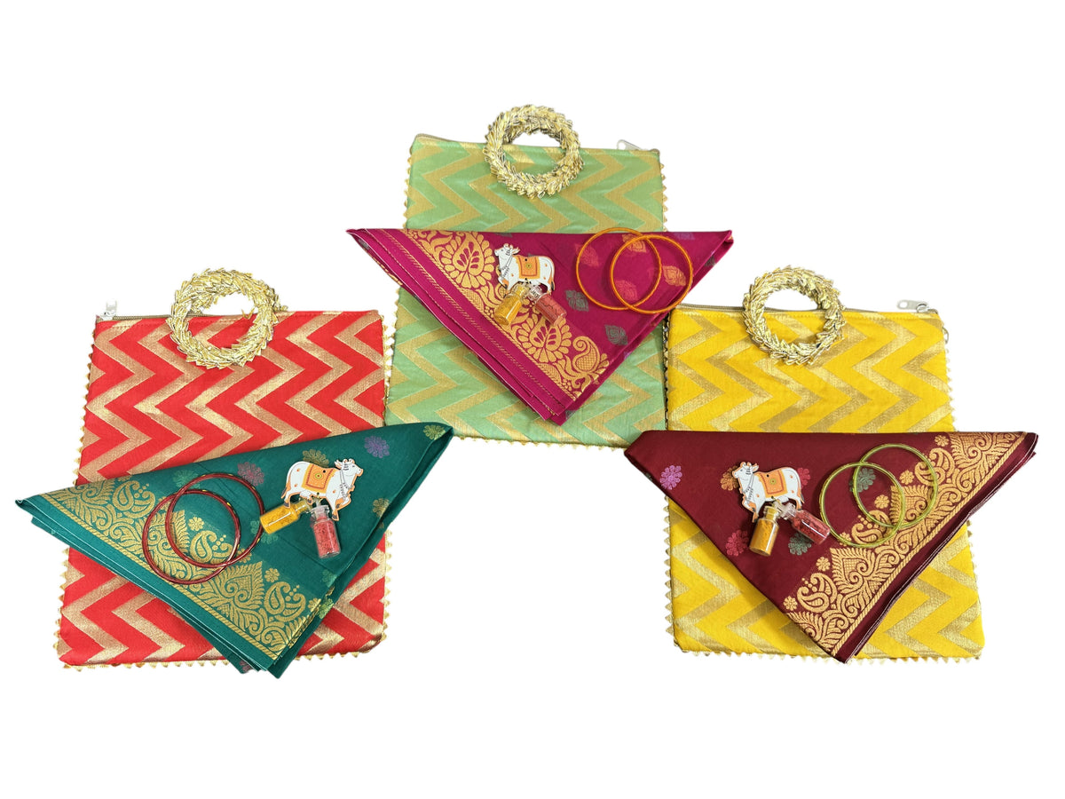 Traditional Ready to Give Combo for Half Saree, Haldi Kumkum ceremony includes Blouse Piece, Bangles, Haldi kumkum packets in Chevron Bag