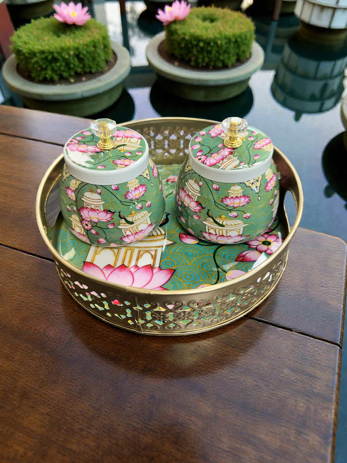 Designer Floral Print Tray Set with Matching Jar
