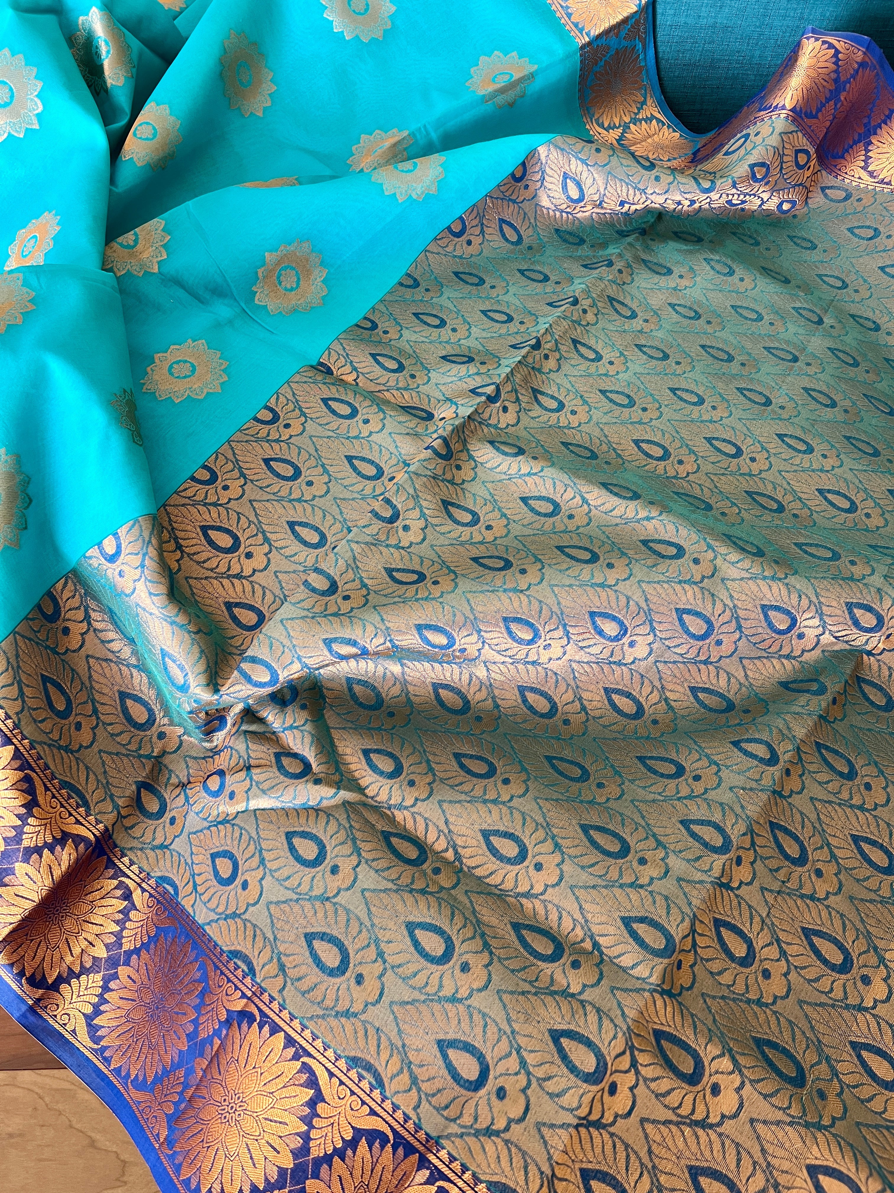 Turquoise Blue Blended Cotton Banarasi Saree with Gold Motif