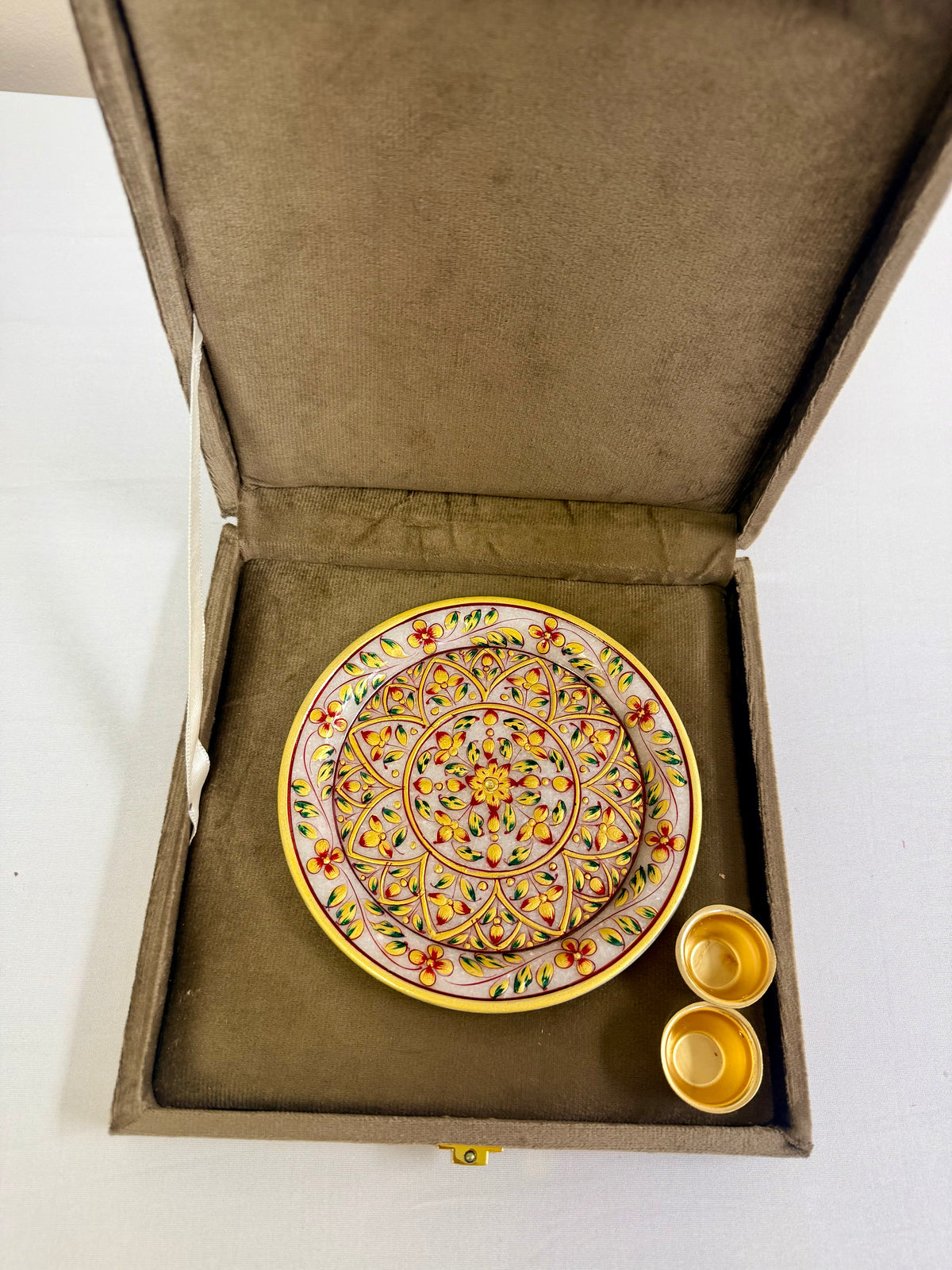 Hand-painted Marble Pooja Plate with Roli Chawal Bowls in Velvet Gift Box