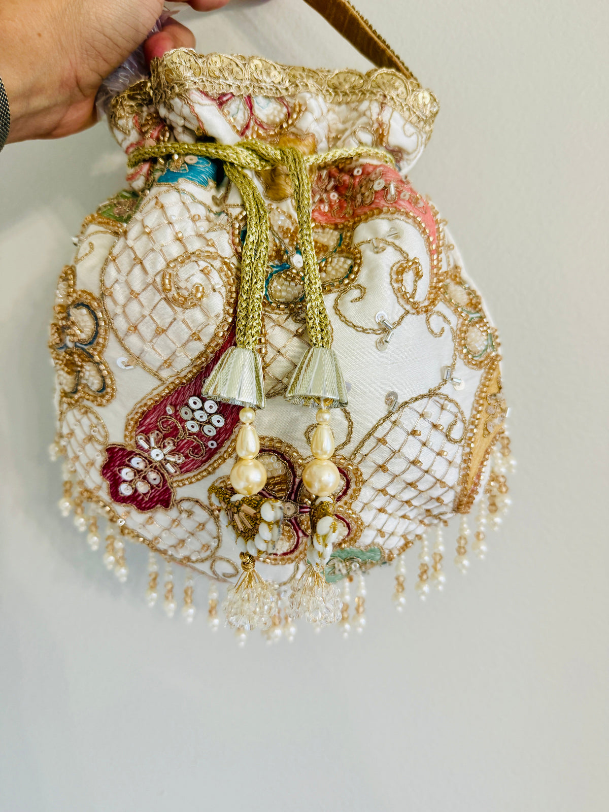 Multicolor Thread-work Embroidered Silk Potli Bag