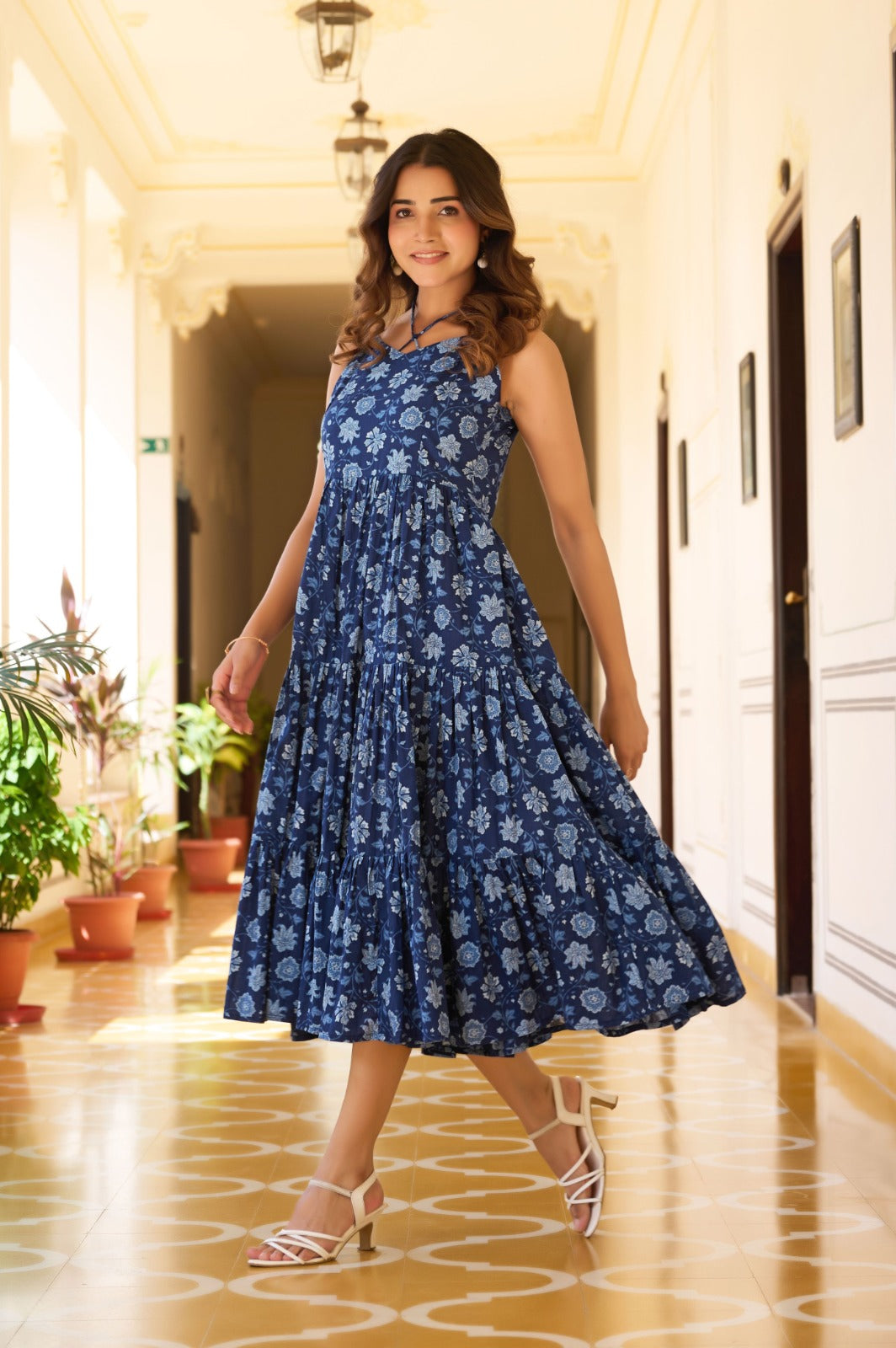 Blue Floral Print Fit Cotton Flare Dress