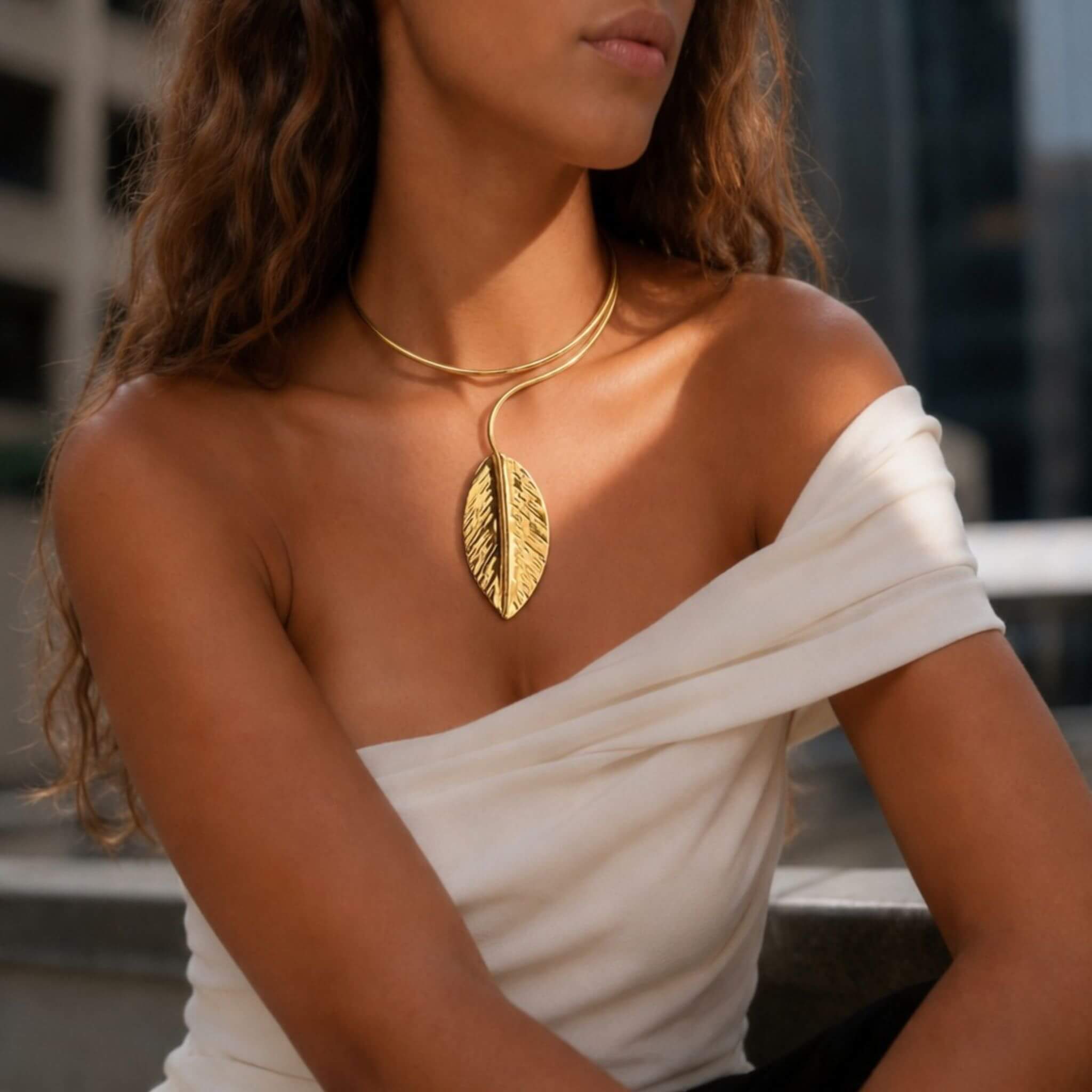 Zizi Wrap Choker Necklace with a Leaf Pendant