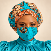 Kente Bonnet & Face Mask (Aqua Blue & Red)