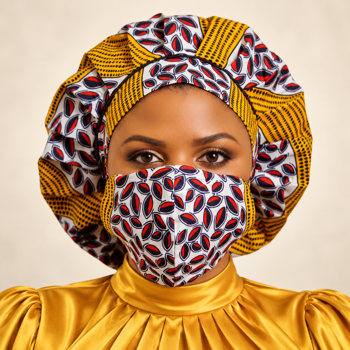 Kente Bonnet & Face Mask (Aqua Blue & Red)