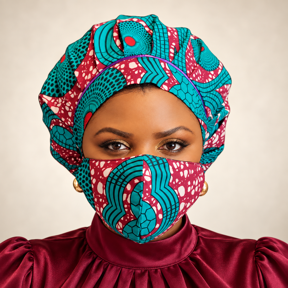 Kente Bonnet & Face Mask (Aqua Blue & Red)