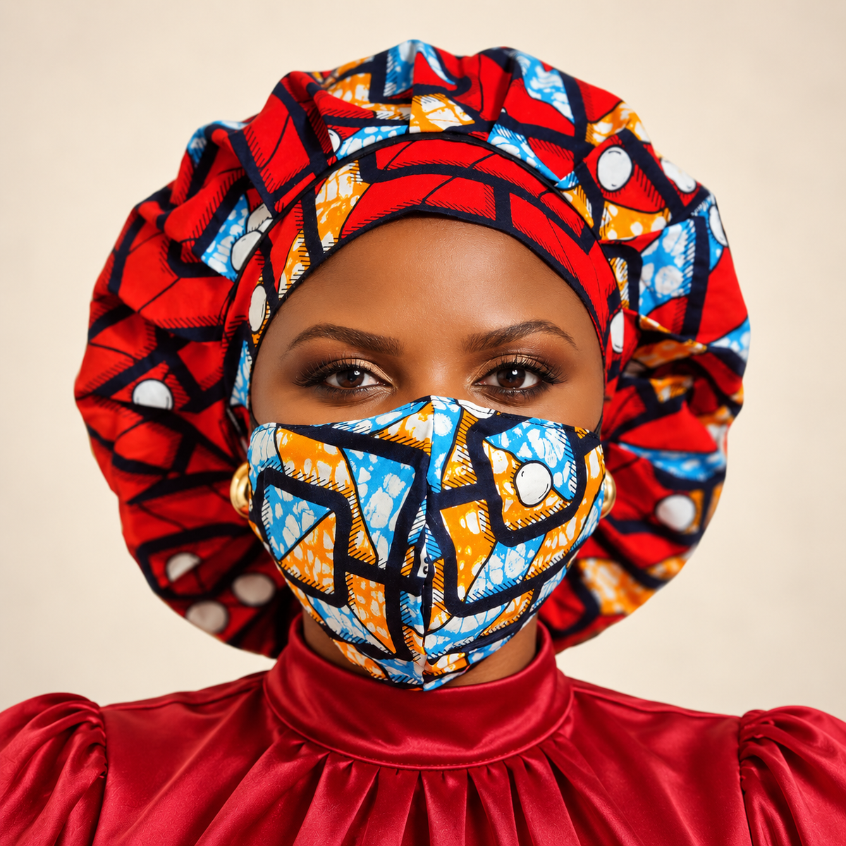 Kente Bonnet & Face Mask (Aqua Blue & Red)