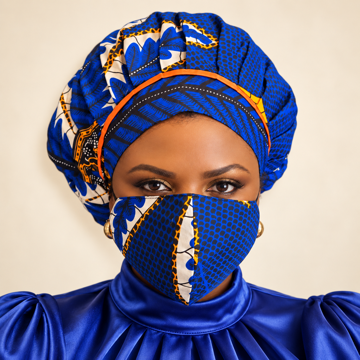 Kente Bonnet & Face Mask (Aqua Blue & Red)