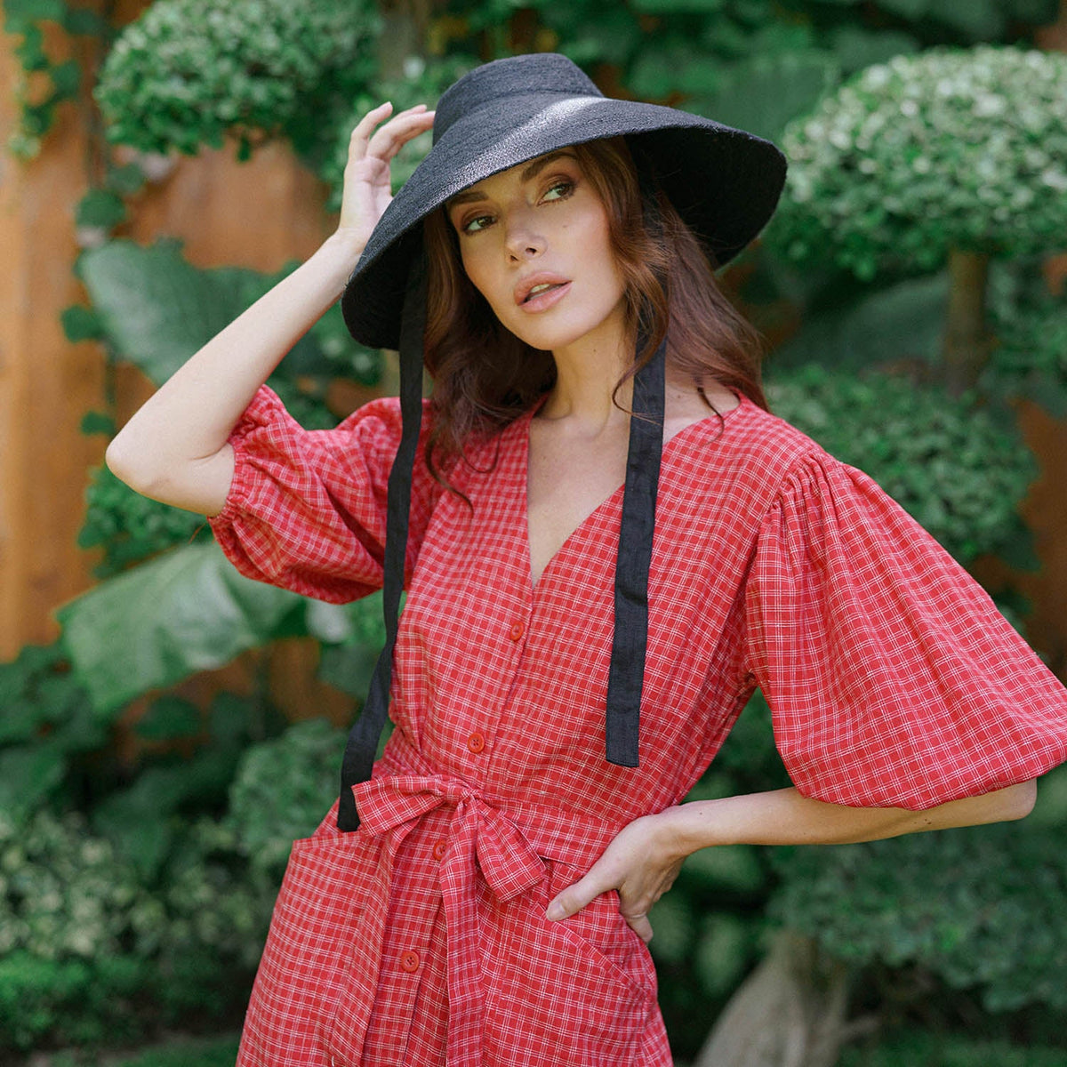MEGHAN Gingham Hemp Midi Dress In Scarlet Red