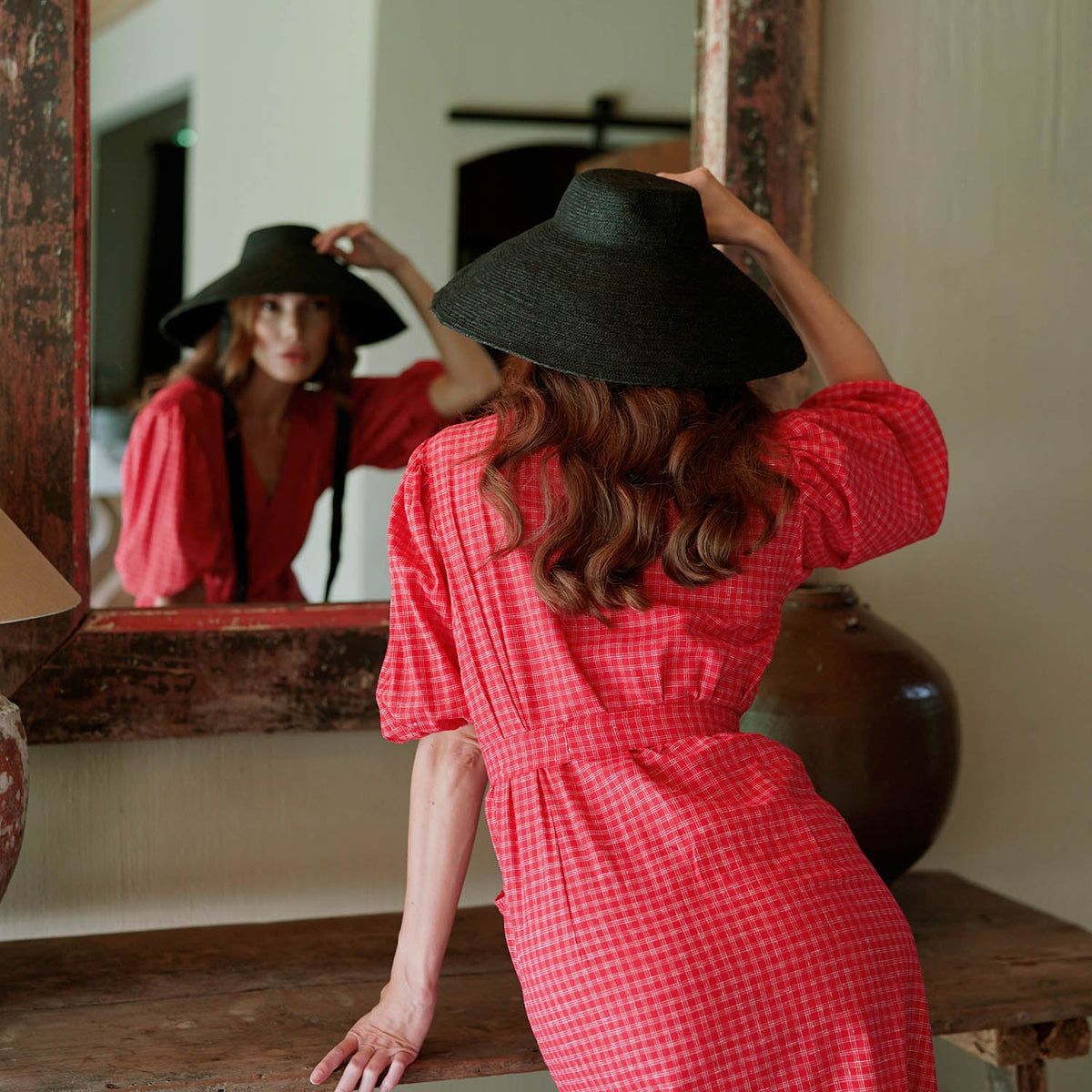 MEGHAN Gingham Hemp Midi Dress In Scarlet Red