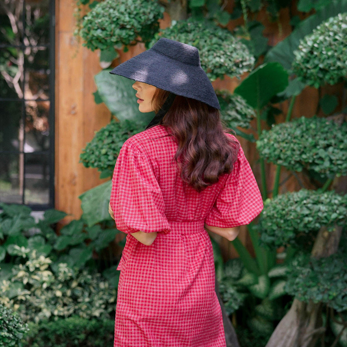 MEGHAN Gingham Hemp Midi Dress In Scarlet Red