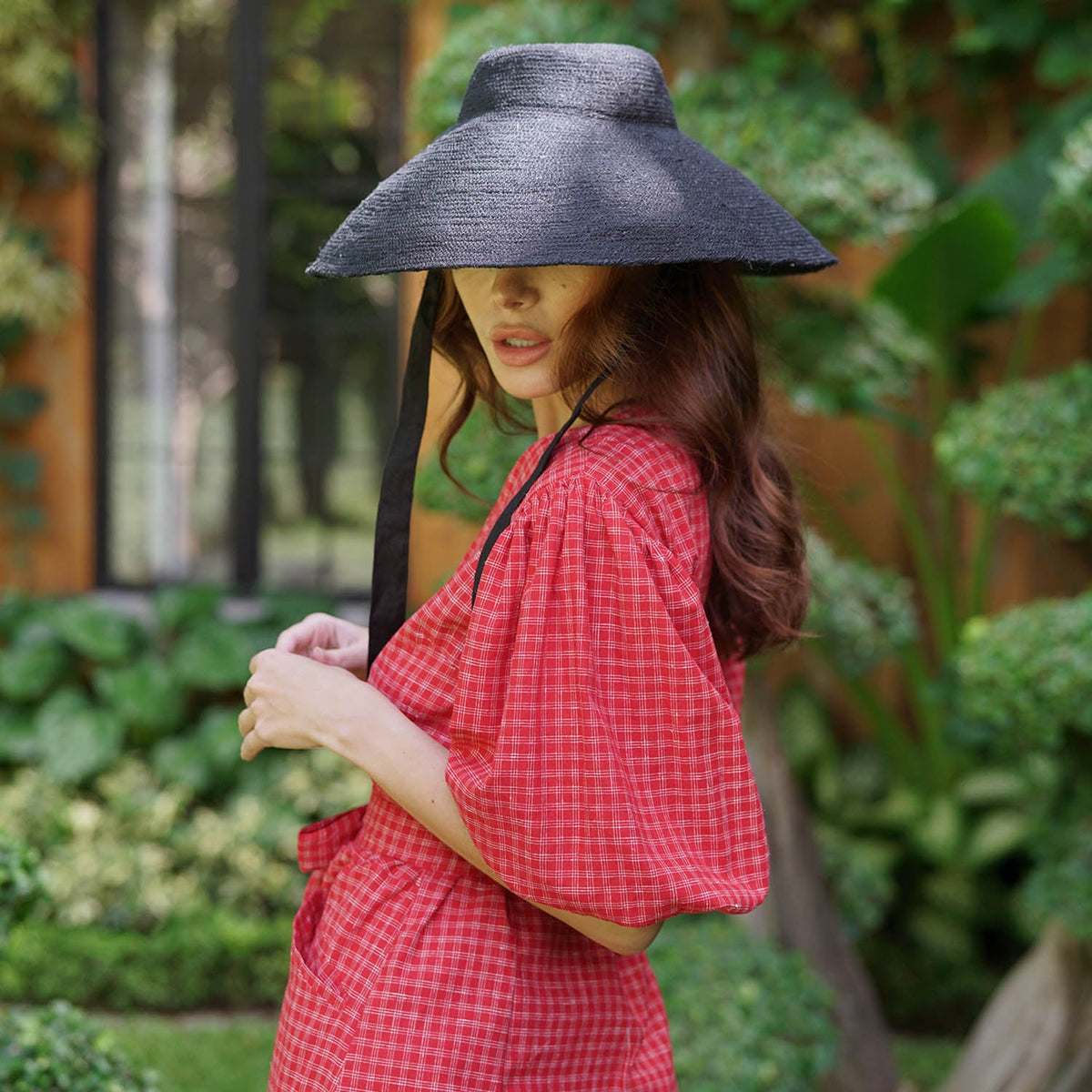 MEGHAN Gingham Hemp Midi Dress In Scarlet Red