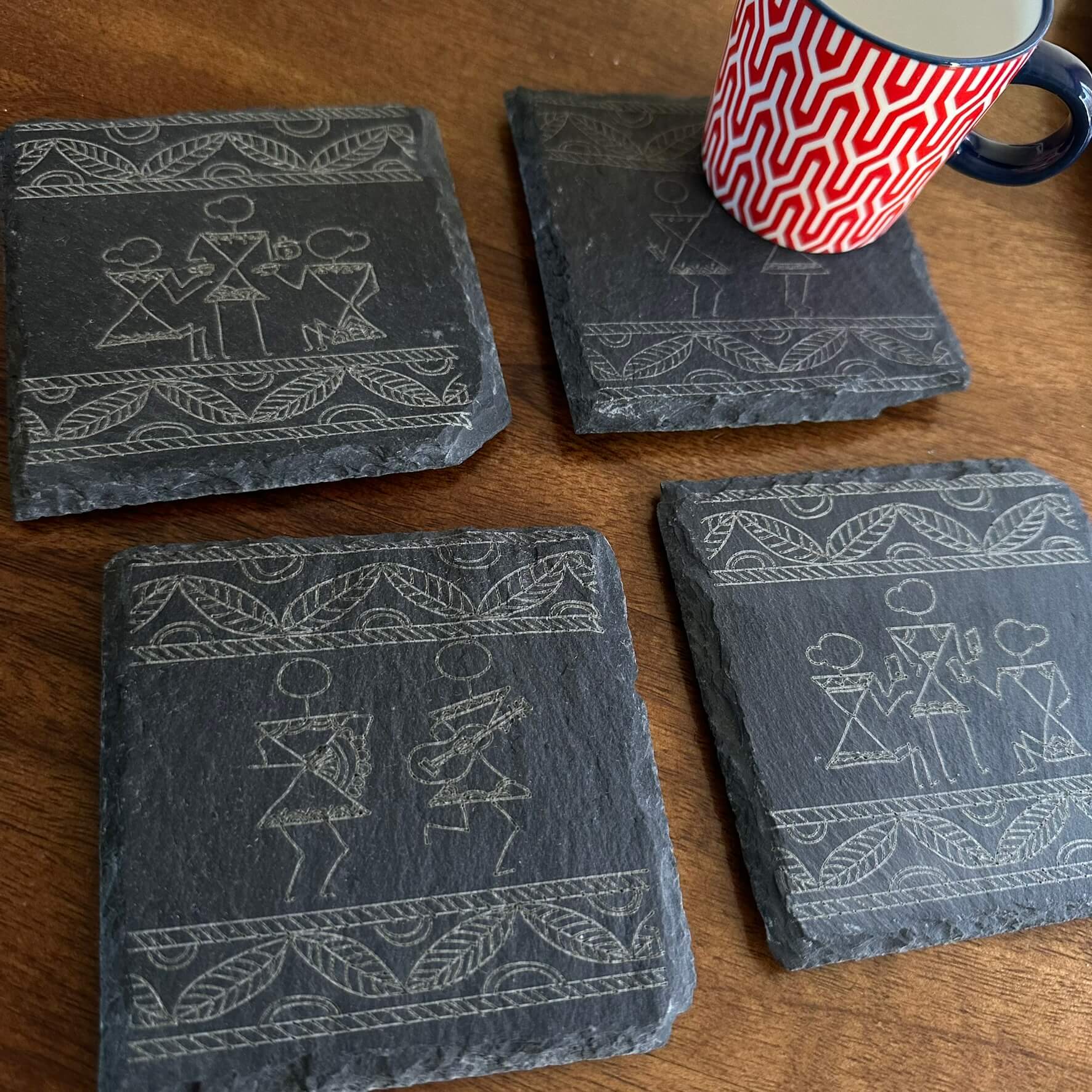 Modern Warli Art Slate Coasters – Indian Folk Art-Inspired | Handmade Cultural Home Decor