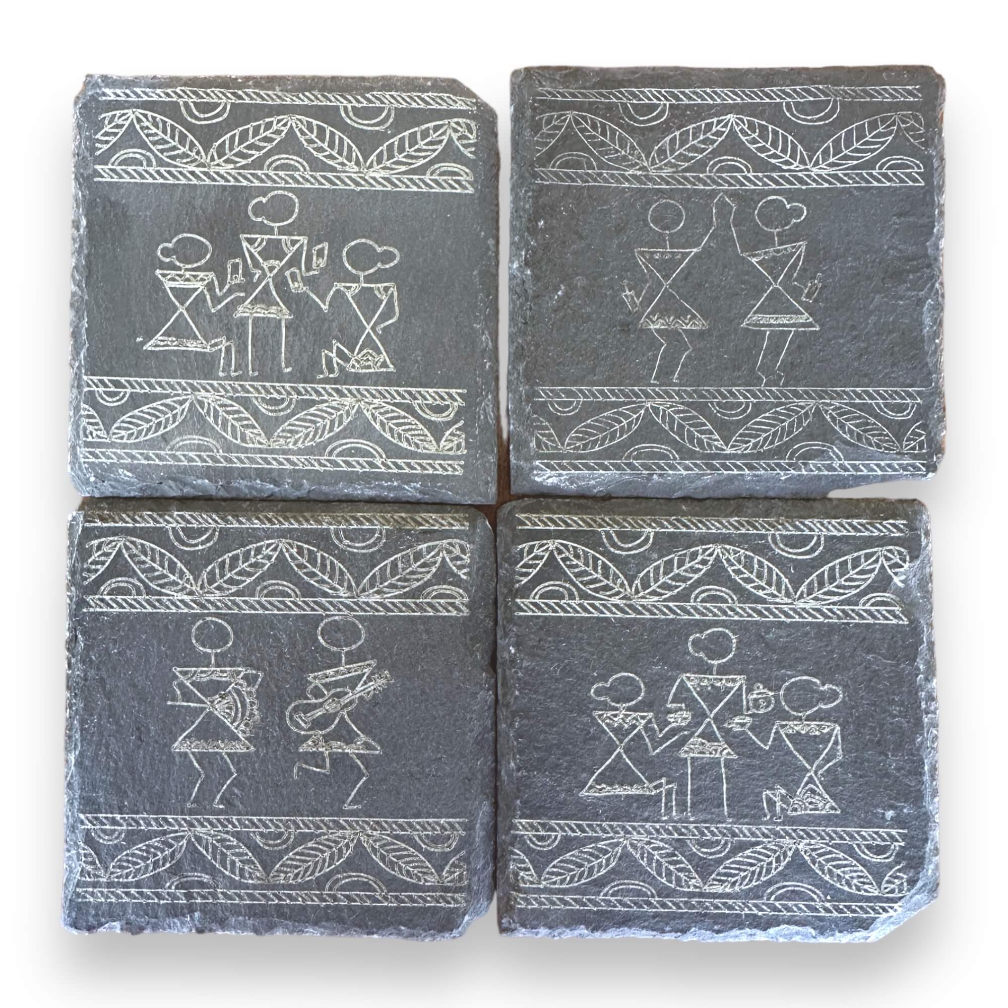 Modern Warli Art Slate Coasters – Indian Folk Art-Inspired | Handmade Cultural Home Decor