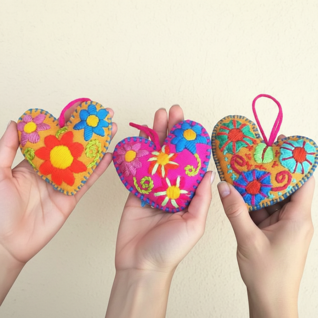 Pick Color! Corazon Heart Embroidered Handmade Valentine's Day Gift Ornament - Mexico