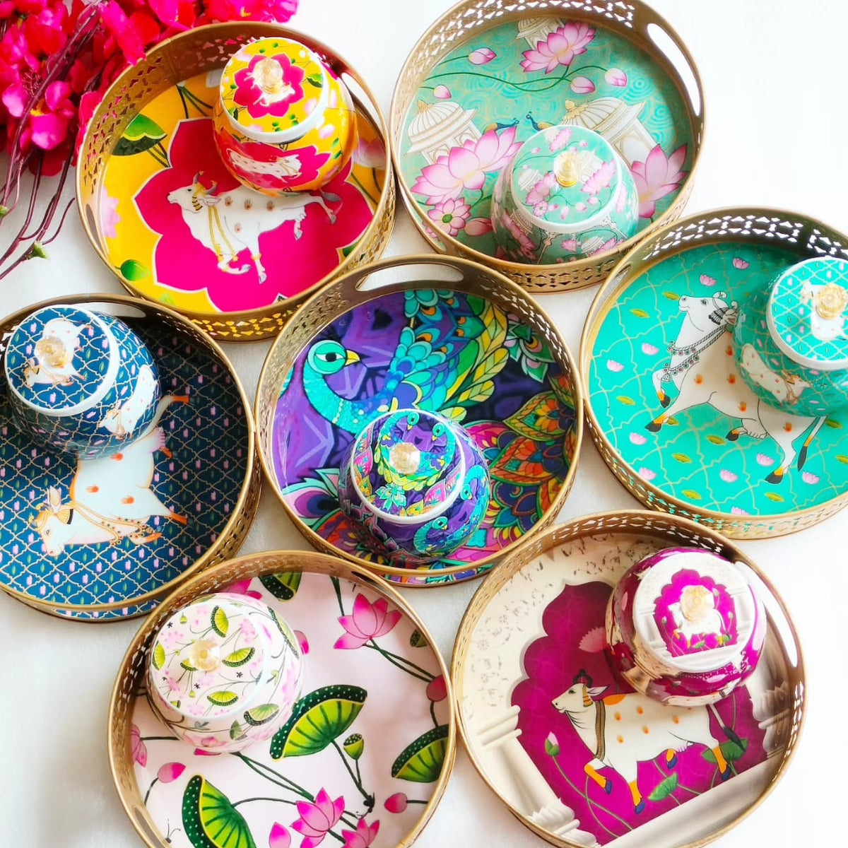 Designer Floral Print Tray Set with Matching Jar