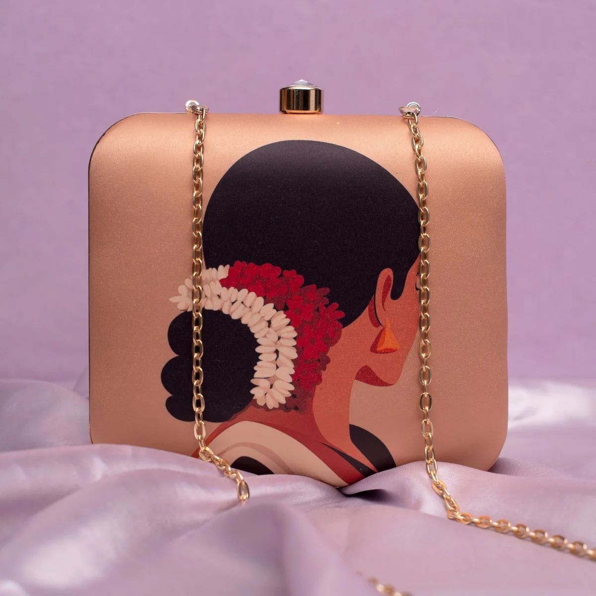 Elegant Clutch with Women Portrait Wearing white Jasmin Gajra Bun & Roses