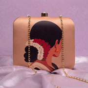 Elegant Clutch with Women Portrait Wearing white Jasmin Gajra Bun & Roses