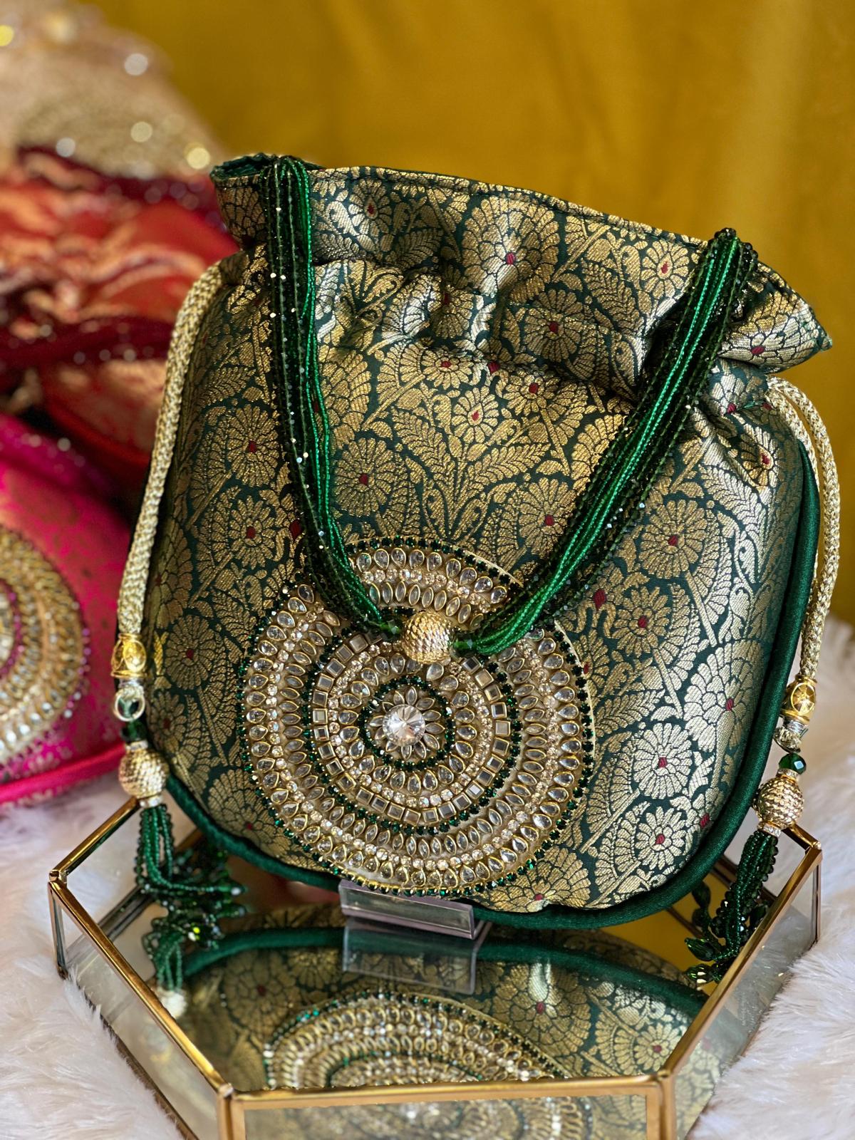 Rich Brocade Zari Potli Bag with Circular Motif With Stone
