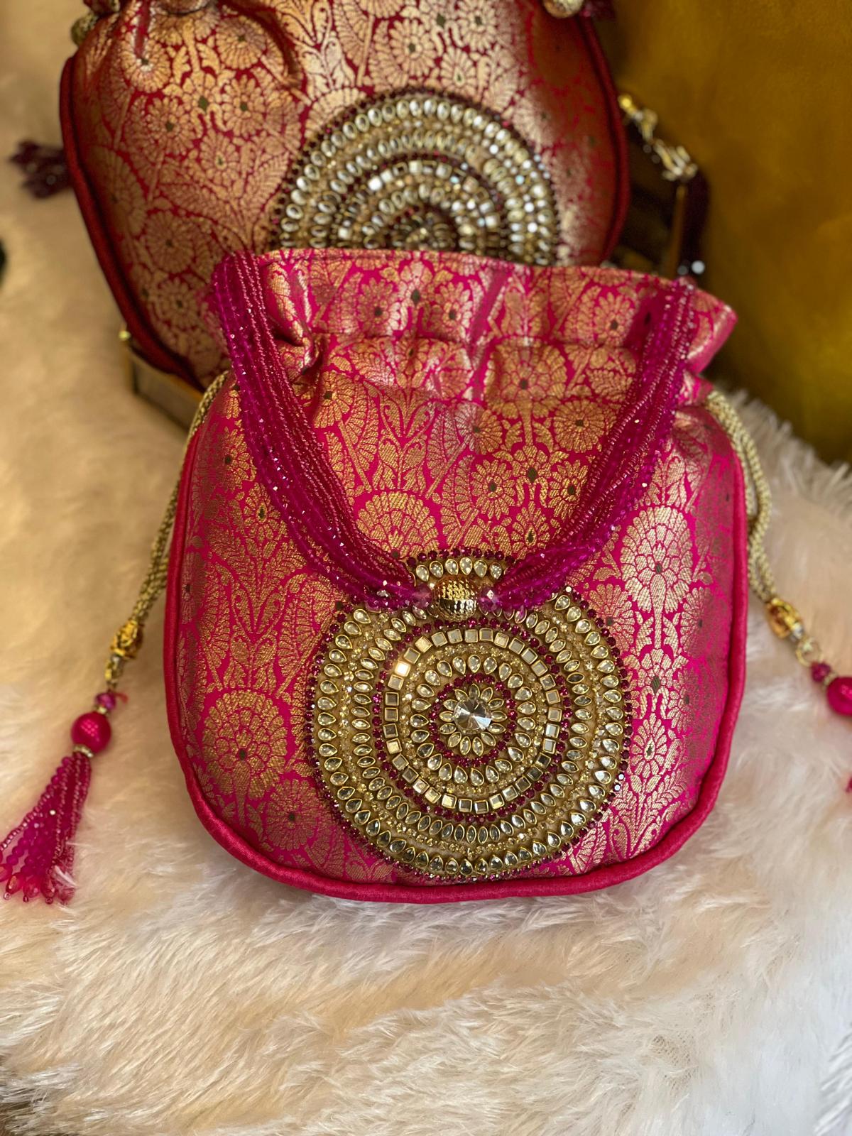 Rich Brocade Zari Potli Bag with Circular Motif With Stone