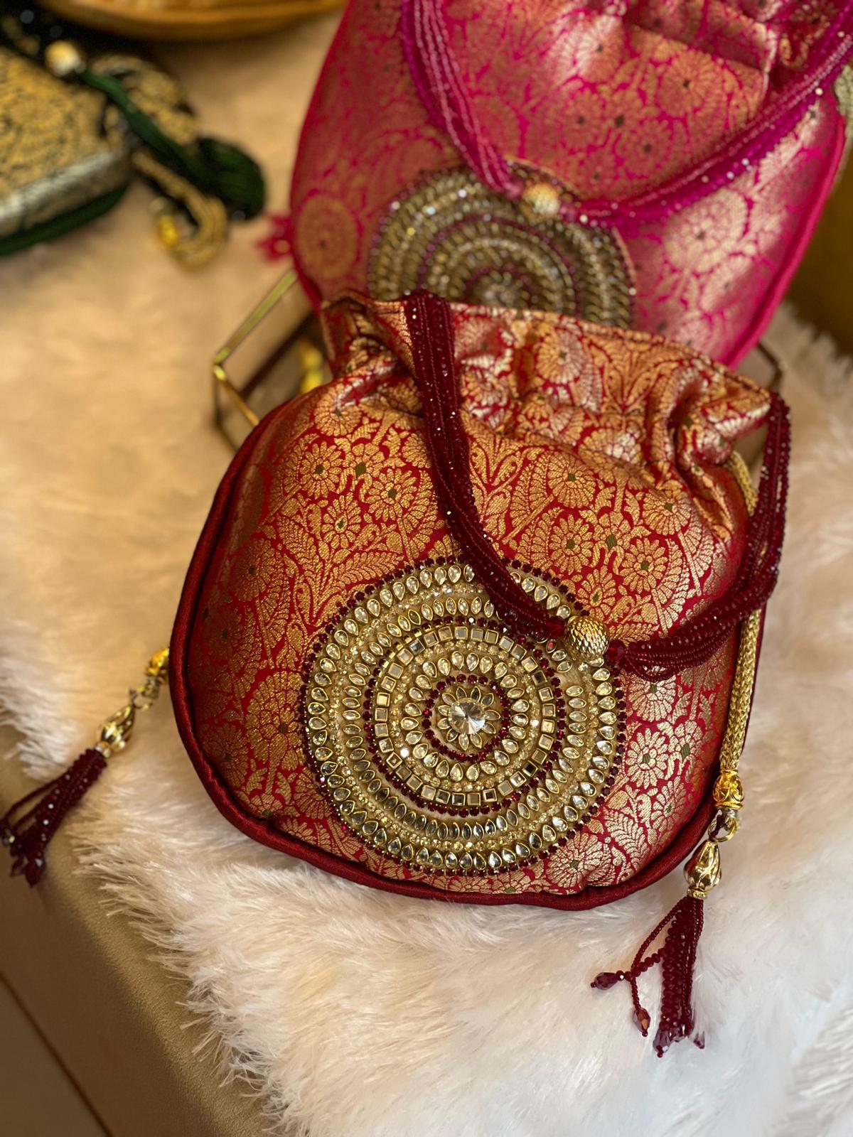 Rich Brocade Zari Potli Bag with Circular Motif With Stone