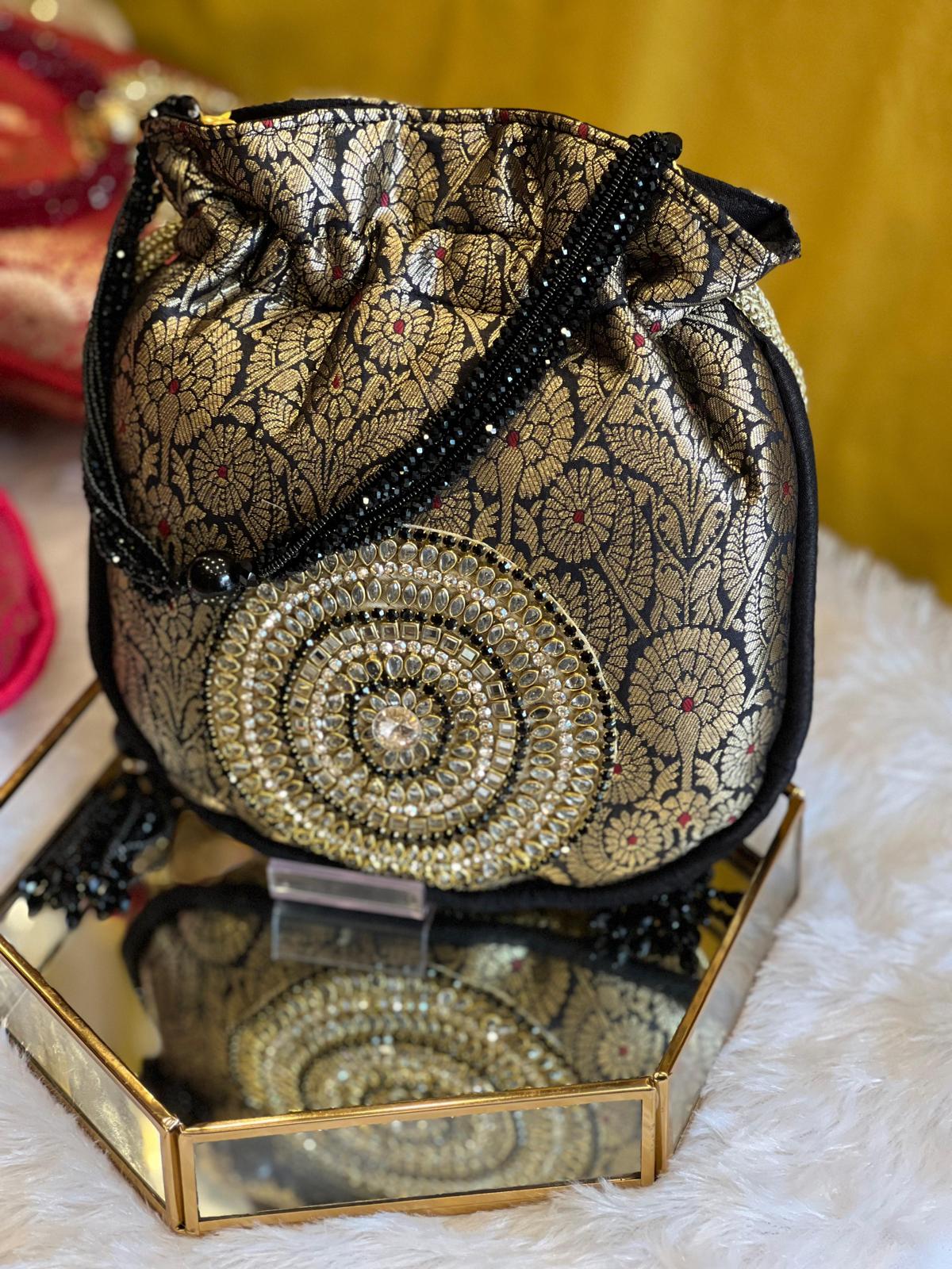 Rich Brocade Zari Potli Bag with Circular Motif With Stone
