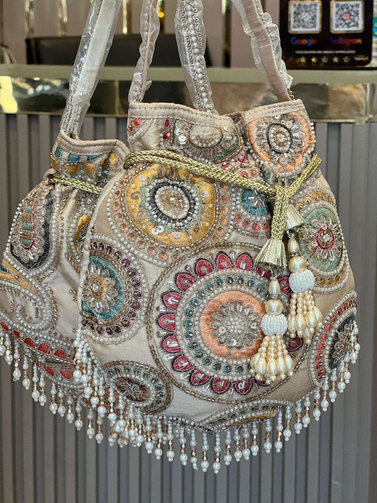 Multicolor Thread-work Embroidered Silk Potli Bag