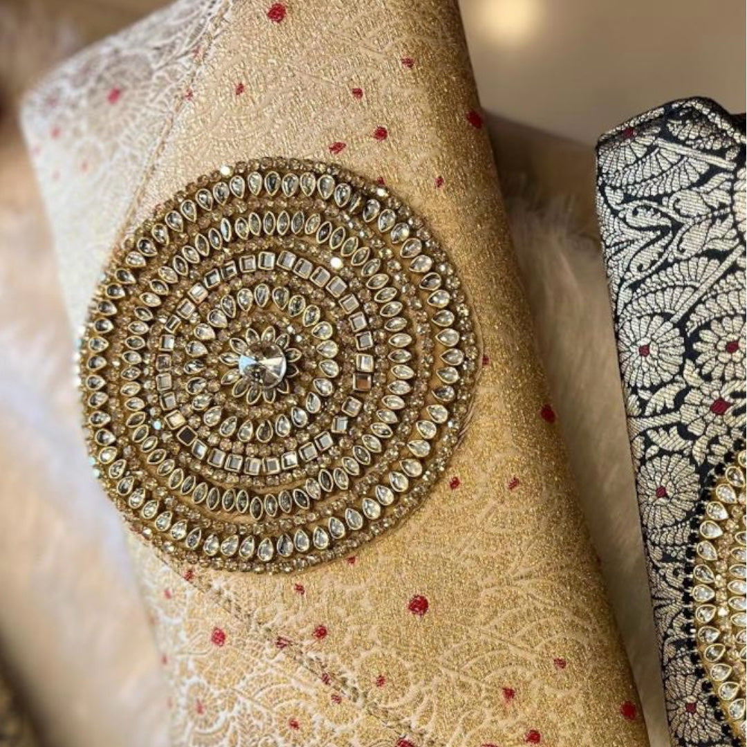 Rich Brocade Zari Clutch with Circular Motif With Stone